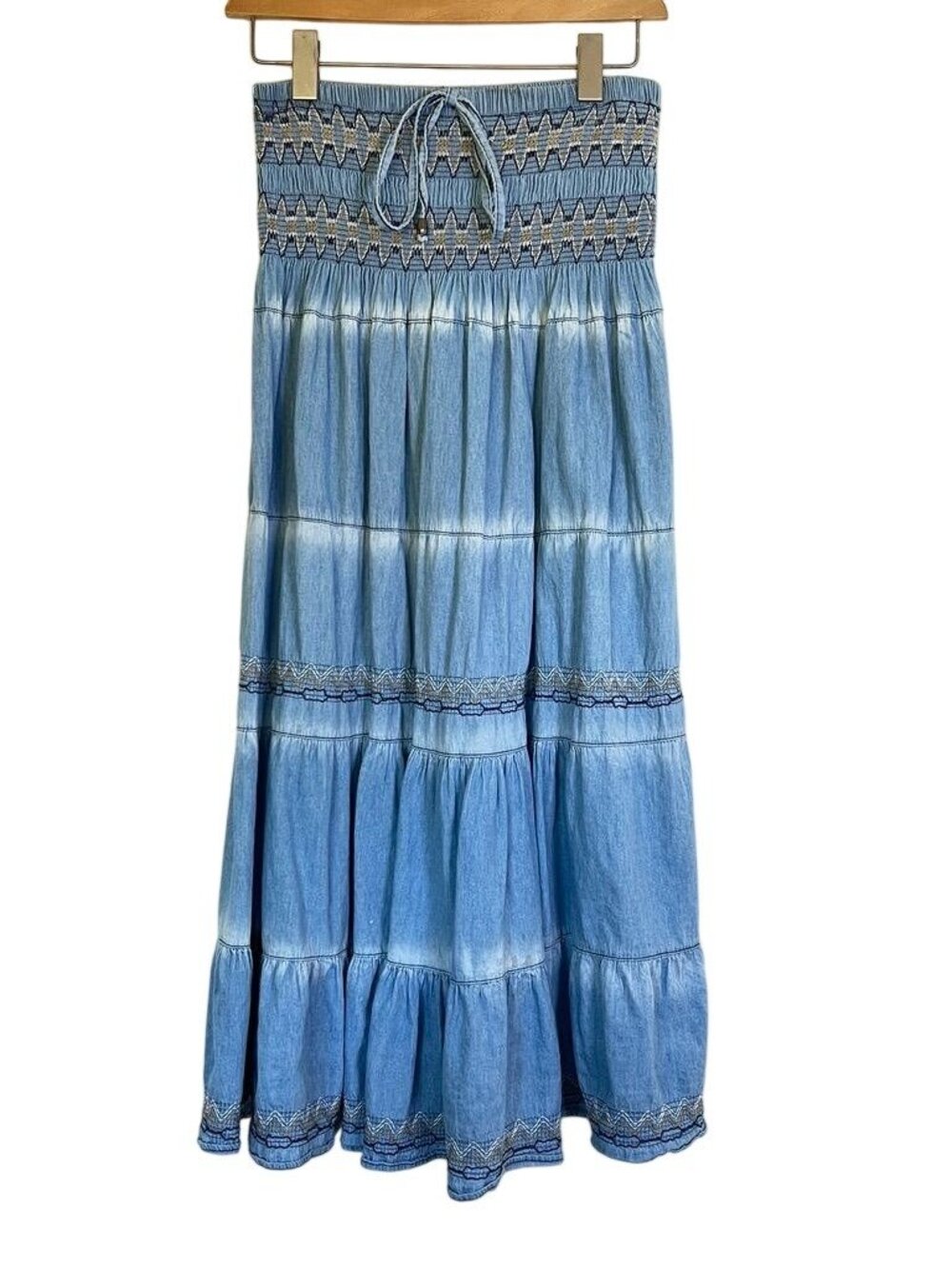 Boho Indigo Lace Womens Sz S Broomstick Maxi Skirt Smocked Tiered Embroidered